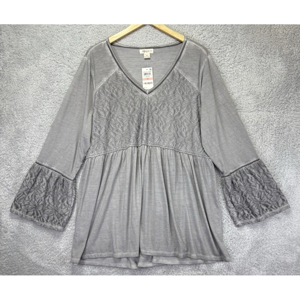 Style & Co Womens Top Gray‎ Embroidered Floral Peasant Bell Slvs Boho 2X NWT